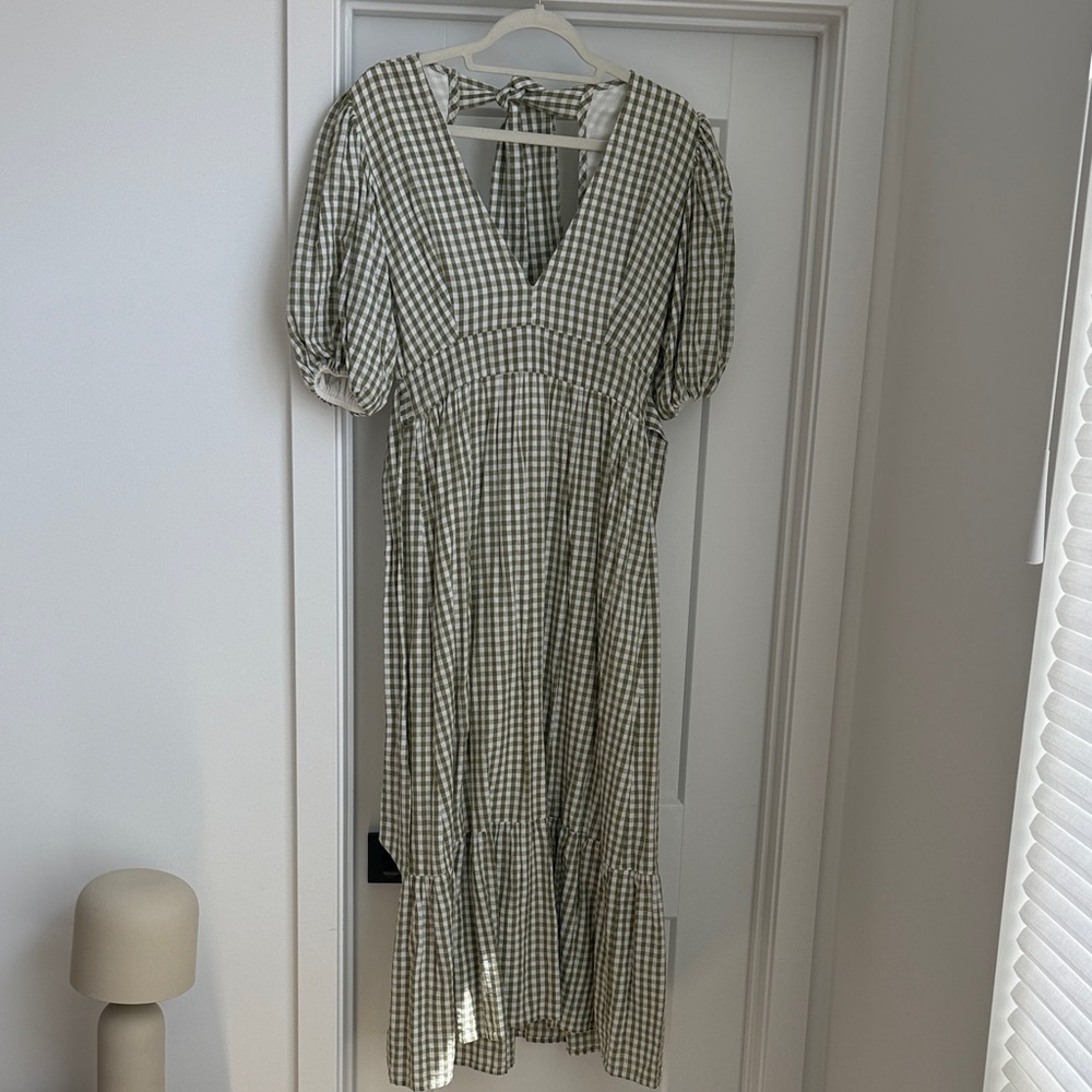 Faithfull the Brand Sage Gingham V‑Neck Midi Dress